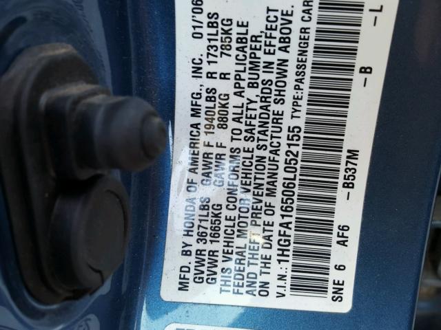 1HGFA16506L052155 - 2006 HONDA CIVIC LX BLUE photo 10