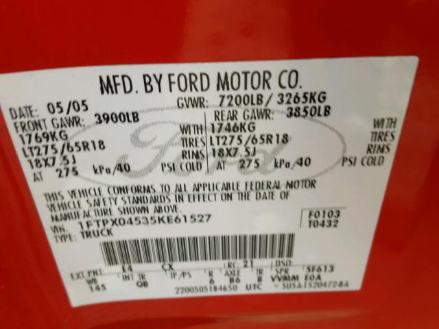 1FTPX04535KE61527 - 2005 FORD F150 RED photo 10