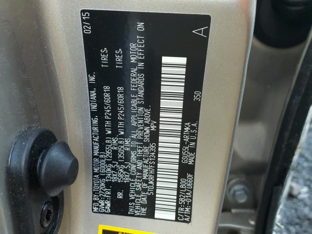 5TDJKRFH7FS134395 - 2015 TOYOTA HIGHLANDER TAN photo 10