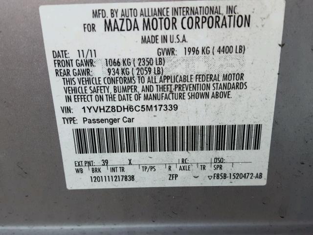 1YVHZ8DH6C5M17339 - 2012 MAZDA 6 I SILVER photo 10