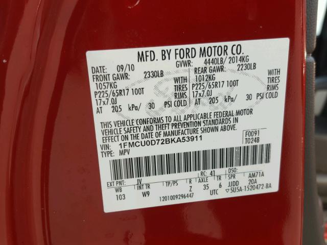 1FMCU0D72BKA53911 - 2011 FORD ESCAPE XLT RED photo 10