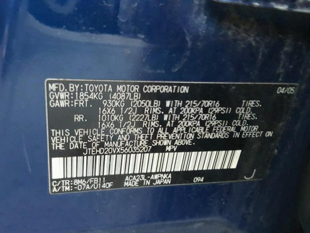 JTEHD20VX56035207 - 2005 TOYOTA RAV4 BLUE photo 10