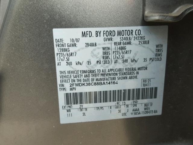 2FMDK38C88BA14164 - 2008 FORD EDGE SEL GRAY photo 10