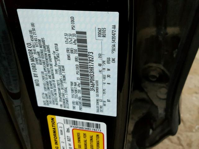 3FA6P0HD3HR178273 - 2017 FORD FUSION SE BLACK photo 10