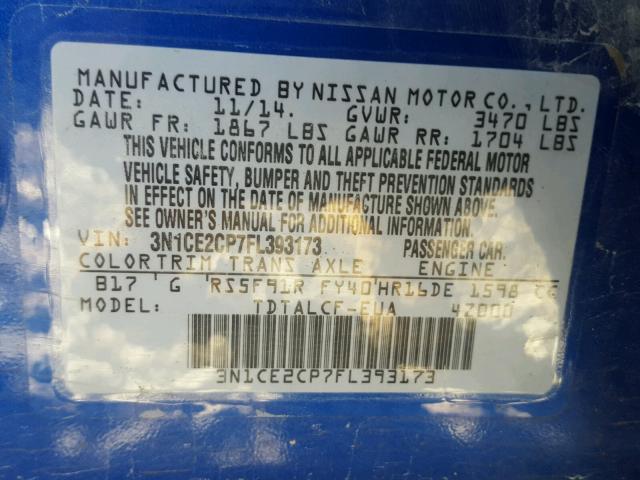 3N1CE2CP7FL393173 - 2015 NISSAN VERSA NOTE BLUE photo 10