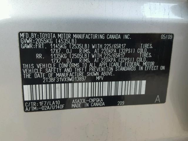 2T3BF31VX9W013897 - 2009 TOYOTA RAV4 LIMIT SILVER photo 10