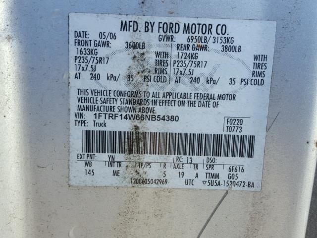 1FTRF14W66NB54380 - 2006 FORD F150 SILVER photo 10