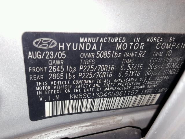 KM8SC13D46U061157 - 2006 HYUNDAI SANTA FE G SILVER photo 10