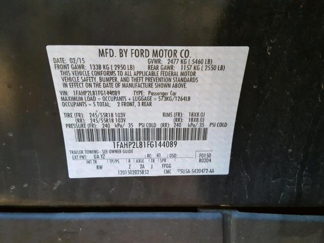 1FAHP2L81FG144089 - 2015 FORD TAURUS POL BLACK photo 10