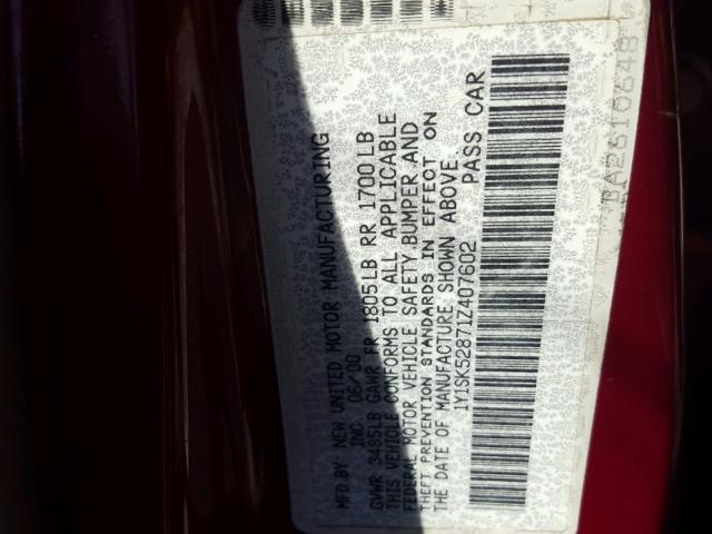 1Y1SK52871Z407602 - 2001 CHEVROLET GEO PRIZM 红色 照片 10