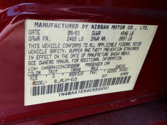 1N4BA41E54C858890 - 2004 NISSAN MAXIMA SE BURGUNDY photo 10