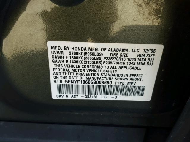 5FNYF18606B008660 - 2006 HONDA PILOT EX GREEN photo 10