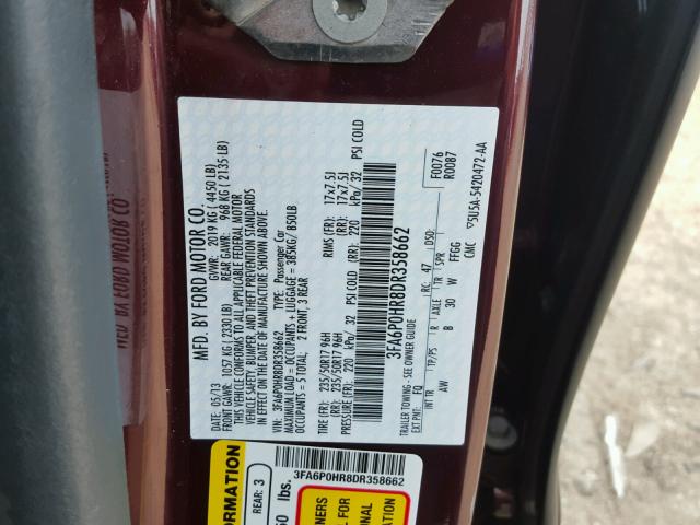 3FA6P0HR8DR358662 - 2013 FORD FUSION SE BURGUNDY photo 10