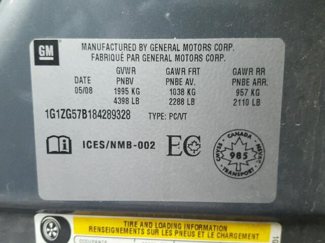 1G1ZG57B184289328 - 2008 CHEVROLET MALIBU LS GRAY photo 10