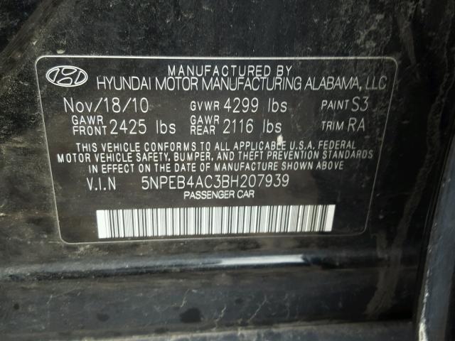 5NPEB4AC3BH207939 - 2011 HYUNDAI SONATA GLS BLACK photo 10