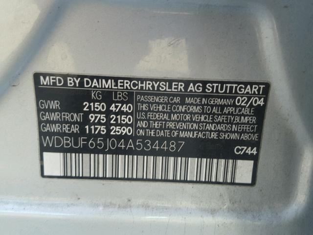 WDBUF65J04A534487 - 2004 MERCEDES-BENZ E 320 SILVER photo 10