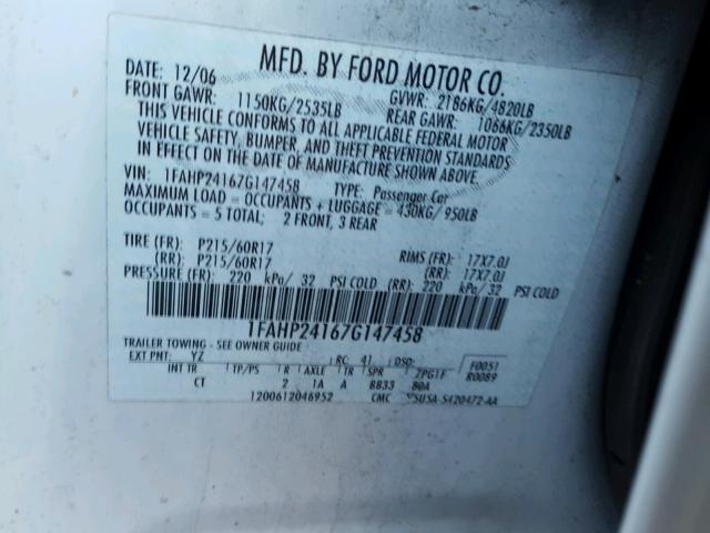 1FAHP24167G147458 - 2007 FORD FIVE HUNDR WHITE photo 10