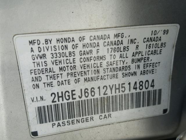 2HGEJ6612YH514804 - 2000 HONDA CIVIC BASE Gümüş foto 10