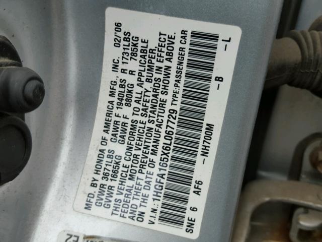 1HGFA165X6L067729 - 2006 HONDA CIVIC LX SILVER photo 10