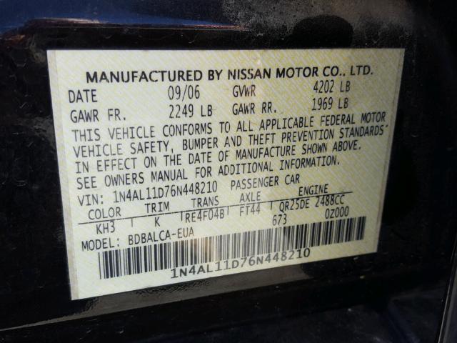 1N4AL11D76N448210 - 2006 NISSAN ALTIMA S BLACK photo 10