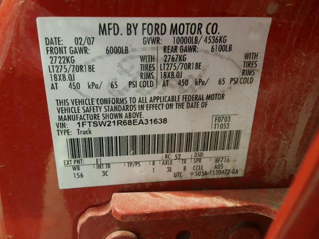 1FTSW21R68EA31638 - 2008 FORD F250 SUPER RED photo 10