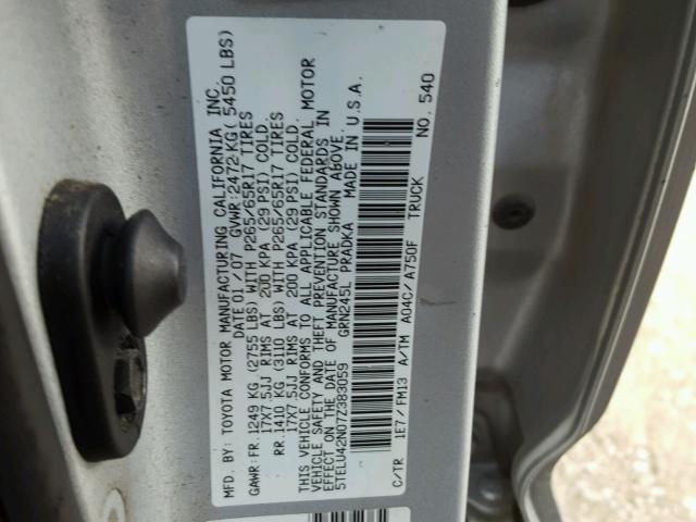 5TELU42N07Z383059 - 2007 TOYOTA TACOMA DOU GRAY photo 10