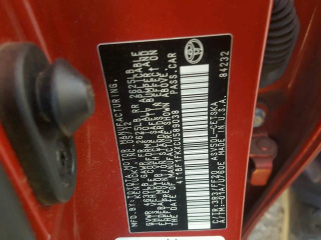 4T1BF1FKXCU589038 - 2012 TOYOTA CAMRY BASE RED photo 10