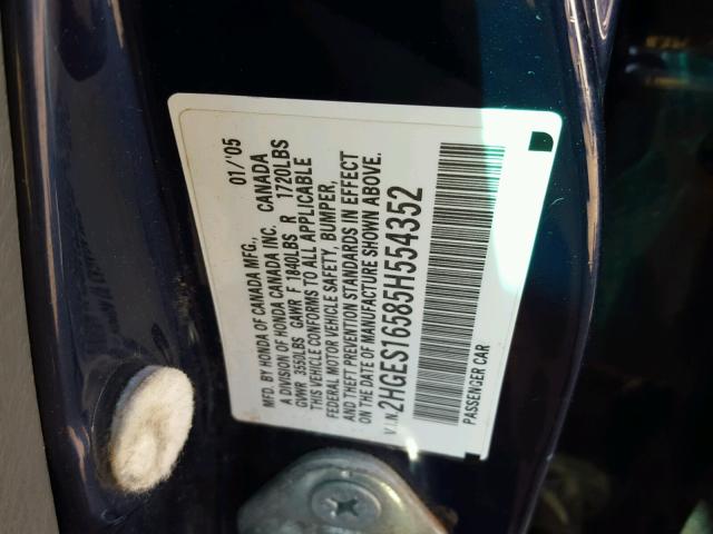 2HGES16585H554352 - 2005 HONDA CIVIC LX BLUE photo 10