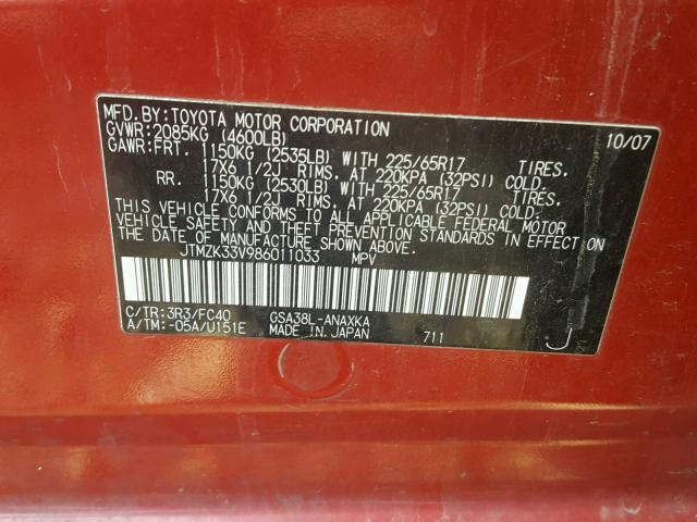 JTMZK33V986011033 - 2008 TOYOTA RAV4 RED photo 10