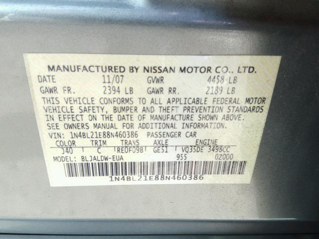 1N4BL21E88N460386 - 2008 NISSAN ALTIMA 3.5 GREEN photo 10