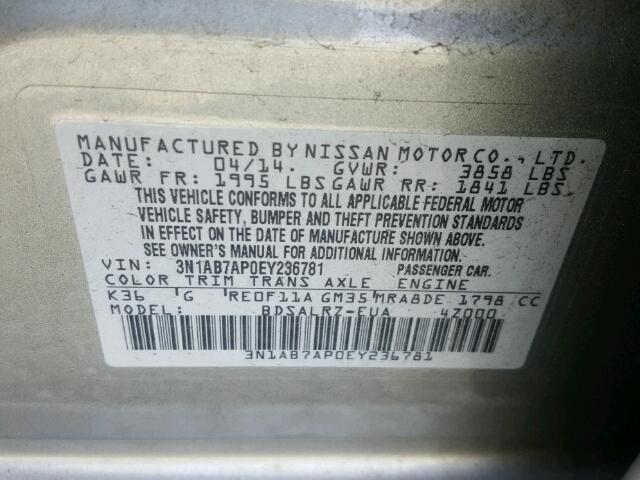 3N1AB7AP0EY236781 - 2014 NISSAN SENTRA S GRAY photo 10