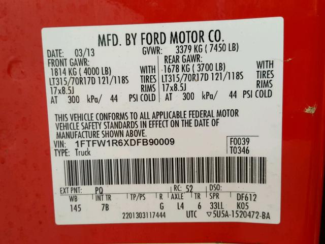 1FTFW1R6XDFB90009 - 2013 FORD F150 SVT R RED photo 10