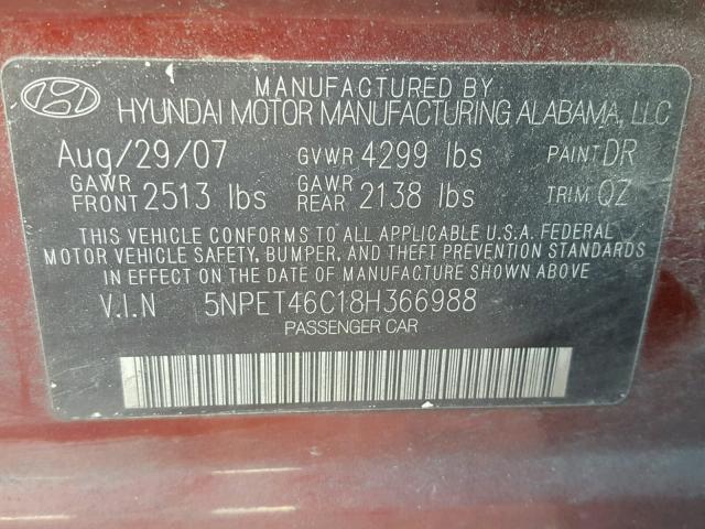 5NPET46C18H366988 - 2008 HYUNDAI SONATA GLS RED photo 10