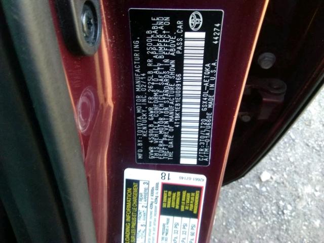 4T1BK1EB1EU099166 - 2014 TOYOTA AVALON BAS MAROON photo 10