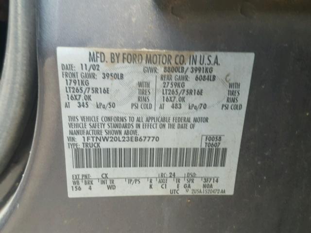 1FTNW20L23EB67770 - 2003 FORD F250 SUPER GRAY photo 10