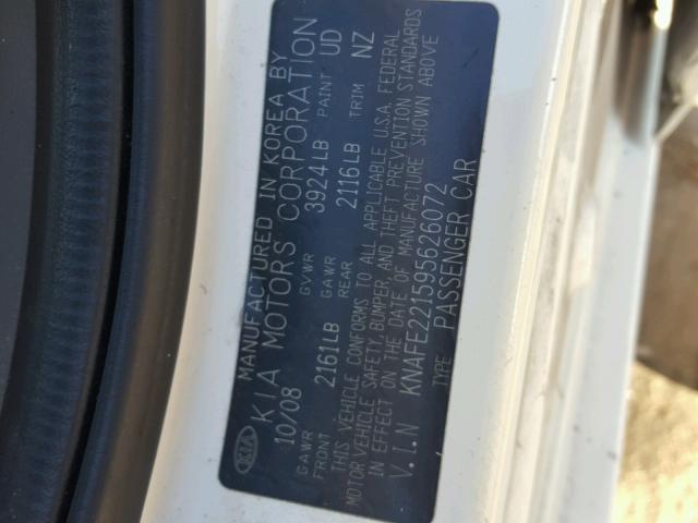 KNAFE221595626072 - 2009 KIA SPECTRA EX WHITE photo 10