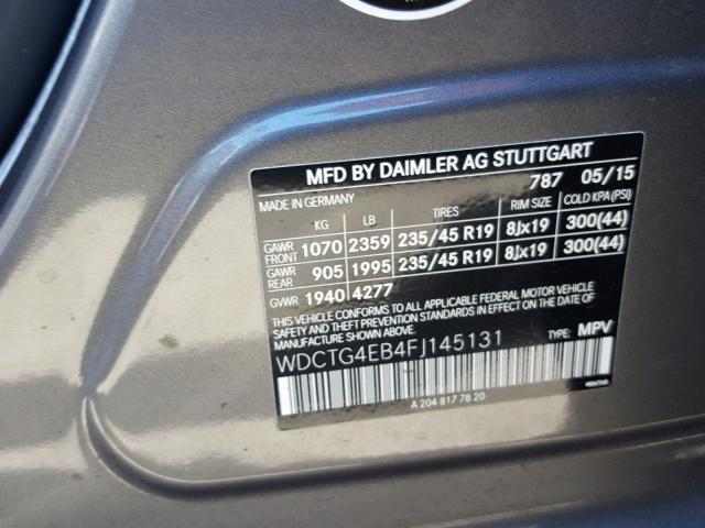 WDCTG4EB4FJ145131 - 2015 MERCEDES-BENZ GLA 250 SILVER photo 10