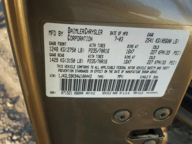 1J4GL58K94W100443 - 2004 JEEP LIBERTY LI BEIGE photo 10