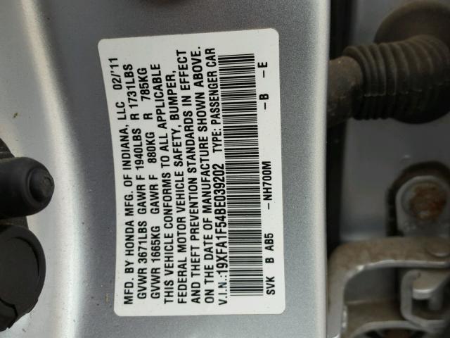 19XFA1F54BE039202 - 2011 HONDA CIVIC LX SILVER photo 10