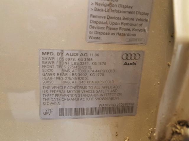 WA1BV94L07D066256 - 2007 AUDI Q7 4.2 QUA GOLD photo 10