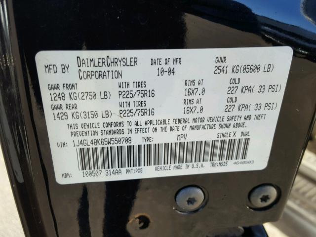 1J4GL48K65W550708 - 2005 JEEP LIBERTY SP BLACK photo 10