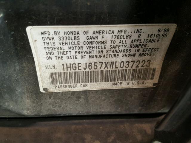 1HGEJ657XWL037223 - 1998 HONDA CIVIC LX BLACK photo 10