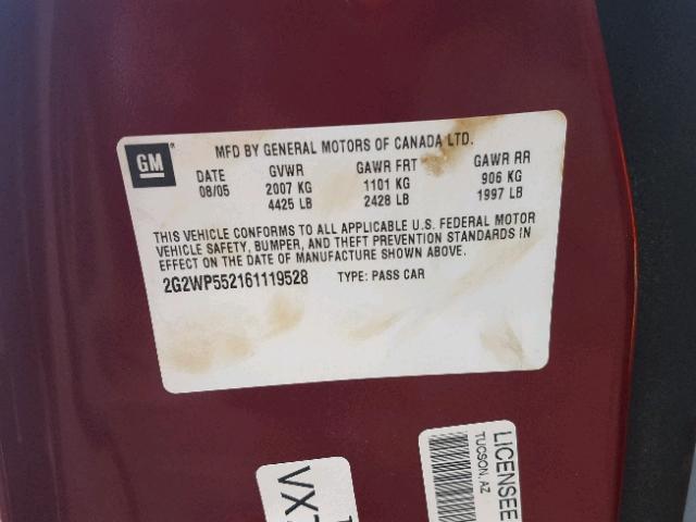 2G2WP552161119528 - 2006 PONTIAC GRAND PRIX მუქწითელი ფოტო 10
