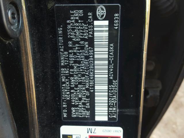 4T1BE46K29U394967 - 2009 TOYOTA CAMRY BASE BLACK photo 10