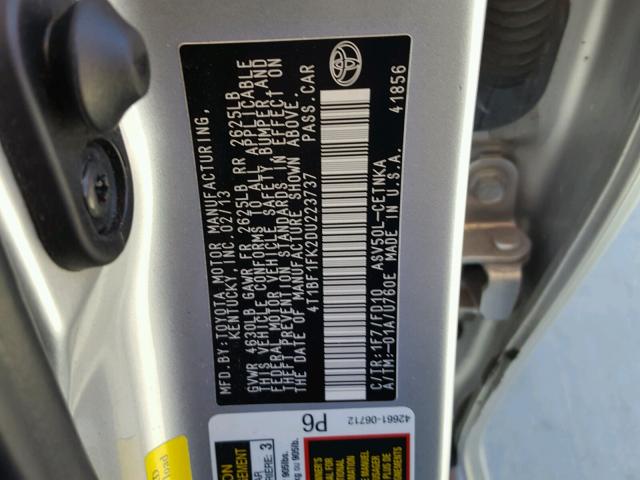 4T1BF1FK2DU223737 - 2013 TOYOTA CAMRY L SILVER photo 10