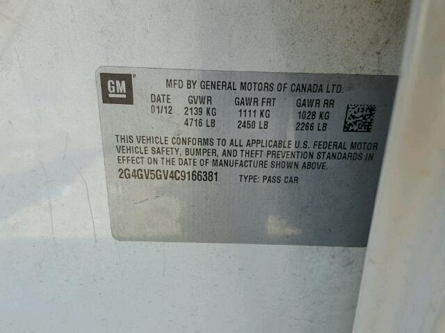 2G4GV5GV4C9166381 - 2012 BUICK REGAL GS WHITE photo 10