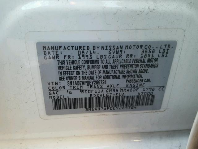 3N1AB7AP0EY289724 - 2014 NISSAN SENTRA S WHITE photo 10