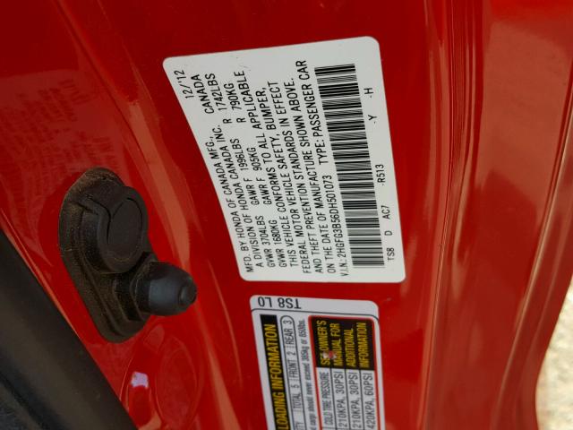 2HGFG3B56DH501073 - 2013 HONDA CIVIC LX RED photo 10