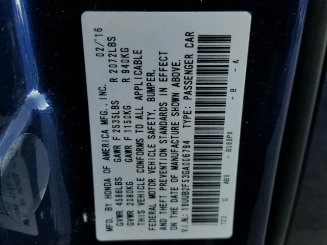 19UUB2F53GA006794 - 2016 ACURA TLX TECH BLUE photo 10