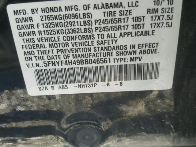 5FNYF4H49BB046561 - 2011 HONDA PILOT EX BLACK photo 10